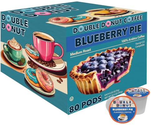 Double Donut Coffee Double Donut, caffè al mirtillo in cialde monodose, caffè aromatizzato per Keurig K Cups Coffee Brewer, da 80 tazze