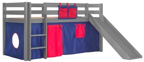 Vipack Lit mi-Hauteur pINO Gris avec Toboggan - Tente Domino