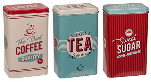 MIK funshopping Lot de 3 boîtes en métal rétro - Pour café, thé et sucre - Avec couvercle - Design vintage - Rouge/turquoise/crème