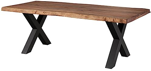 MASSIVMOEBEL24.DE | Freeform 5 - Baumtisch aus Sheeshamholz - grau gebeizt | X-Beine in anthrazit matt | 220x100x77 | Massivholztisch Baumkantentisch Esstisch