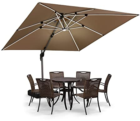 PURPLE LEAF Sonnenschirm Rechteckig 270 x 365 cm Ampelschirm mit LED Beleuchtung Marktschirm Groß 360°Rotation, Gartenschirm mit Kurbel, Balkonschirm XXL, Sonnenschutz UV50+, Beige