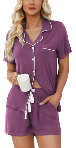 Samring Pigiama da Donna a Maniche Corte, con Bottoni, Abbigliamento da Notte con Pantaloncini, Set Pigiama Morbido, Taglie S-XXL, Fucsia, S