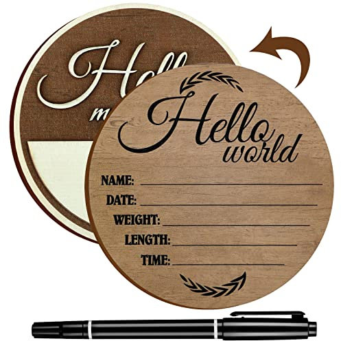 Namalu Hello World Baby-Ankündigungsschild für Krankenhaus, aus Holz, mit Markerstift oder Baby-Namen und Geburtsdetail, 15 cm (5,9 Zoll) (braun)