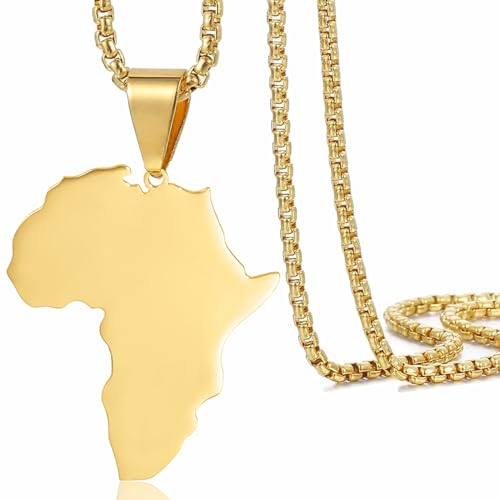 VASSAGO Afrika Karte Anhänger Halskette Afrika Karte Halsketten für Frauen Edelstahl Männer Afrika Kontinent Halskette Afrika Karte Schmuck Zierliche Anhänger Halskette Geschenk Mädchen Jungen (Gold)