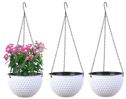 YuanDiann Set di 3 vasi da fiori sospesi, auto-irrigazione, con serbatoio dell'acqua e foro di scarico, a nido d'ape, con catene antiruggine, per interni ed esterni, balconi