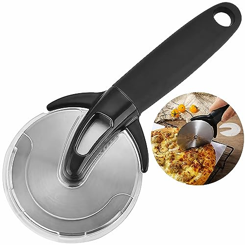 Suitteng Pizzaschneider, Pizzaroller aus Kunststoff, Pizza Cutter mit Gummilippe und Fingerschut, Sicherheits Pizza schneideroller, Hochwertige Pizzarad, Professioneller und handlicher Pizzamesser