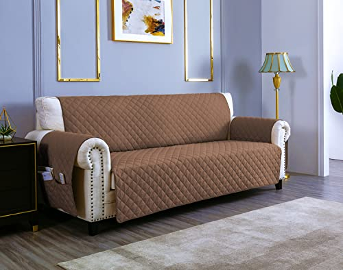 sevi's Sofa überzug 3 Sitzer - Sofabezug Wasserdicht Kratzfest - Couch Überzug Reversibel Fleckenresistent - Sofa Cover für Katzen und Hunden - Hellbraun