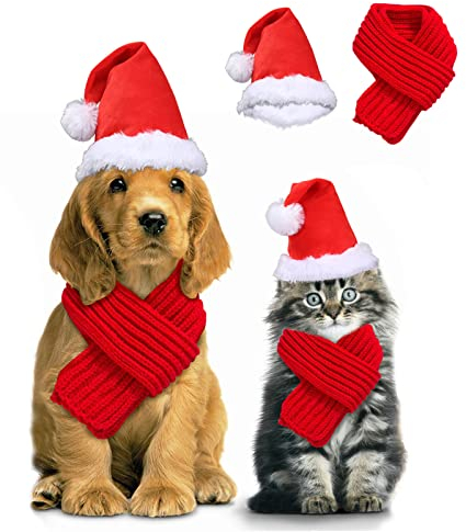 KATELUO 2 Stück Haustier Weihnachtskostüme Set, Weihnachtsmütze Hunde Katzen Schal Weihnachten Katzenkostüm Hundekostüm, Plüsch Haustier Weihnachtsmütze Verstellbare für Kleine Mittlere Haustiere
