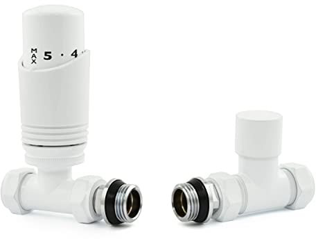 Hot Flow White Cascade Straight Modern TRV Thermostatic Radiator Valve (Pair) Includes TRV Body & One Lock Shield for Quick & Easy Temperature Control. Perfect for Energy Saving.