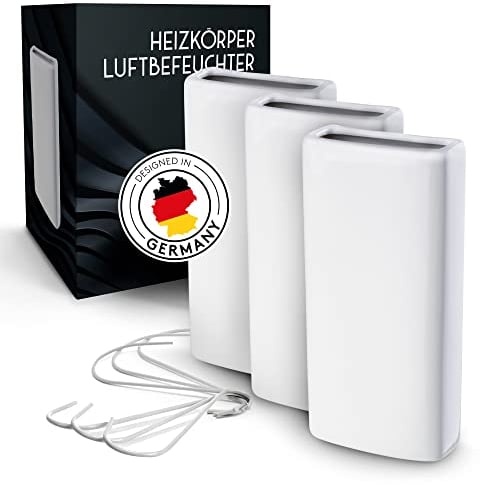 FALKENWERK Lot de 3 humidificateurs en céramique pour radiateur - Humidificateur universel avec crochet de suspension flexible - Chauffage durable - Convient pour tous les chauffages - Blanc