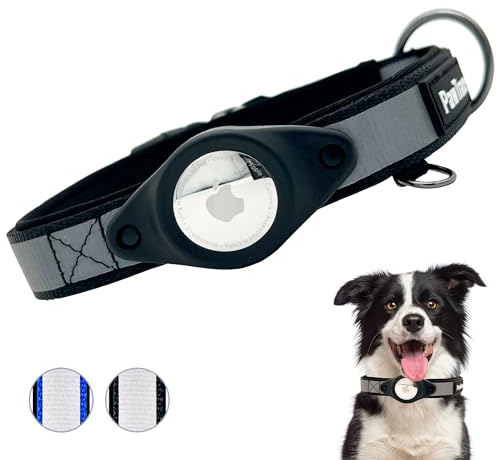 PawTrace AirTag Hundehalsband reflektierend - Gepolstertes GPS Halsband Hund kompatibel mit Apple AirTag Hundehalsbänder - Komfortables Hundeband für große und kleine Hunde - Verstellbar (S, Schwarz)