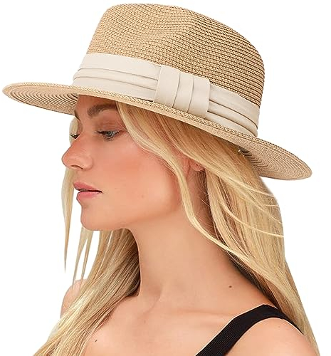 DRESHOW Mujeres Sombrero de Panamá Sombreros de Paja Sombrero de Verano Sombrero de Playa Fedora Sombrero de ala Ancha Sombrero de Paja UPF 50+