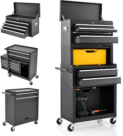 TANGZON Lockable Tool Cabinet, Rolling Tool Chest Combo with Wheels, Drawers, Hooks & Side Handle, Detachable Garage Workshop Tool Cart Trolley (with Middle Compartment, Black)