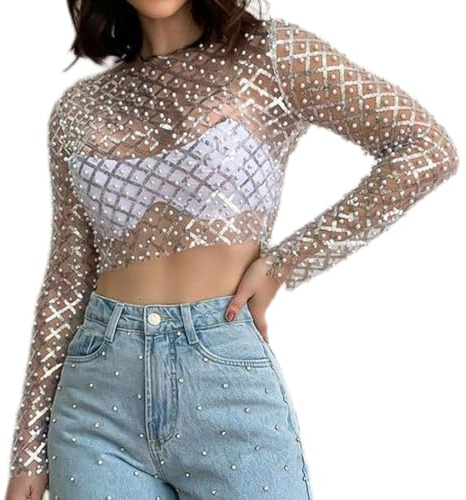 OBEEII Damen Sheer Mesh Tops Transparentes Glitzer Langarmshirt Bluse Clubwear Sexy Rave Party Club Festival Durchsichtig Shirt Silber S