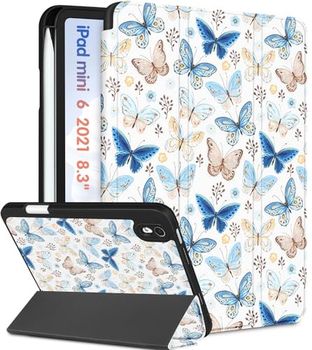 Pegmode for iPad Mini 6 Case 8.3 Inch Women Girls Kids Cute Folio Cover Butterfly Pretty Girly Kawaii With Pencil Holder Auto Sleep/Wake Stand Smart Cases for Apple iPad Mini 6th Generation 2021