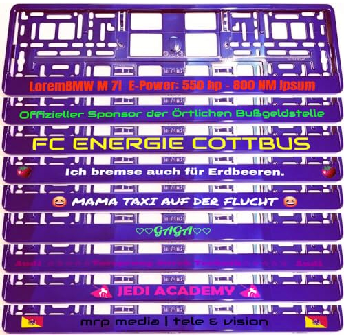 2 Stück Kennzeichenhalter Chrom VIOLETT LILA mit Wunschtext Beschriftung Werbung Spruch Bedruckt