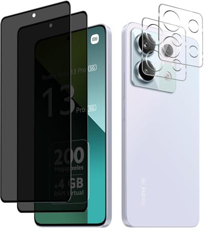 HeeYeal [2+2 Pièces Anti-Espion Verre Trempé + Caméra Arrière Protecteur Compatible avec Xiaomi Redmi Note 13 Pro 5G, 9H Dureté Protection D'écran, Privacy Verre Trempé pour Redmi Note 13 Pro 5G