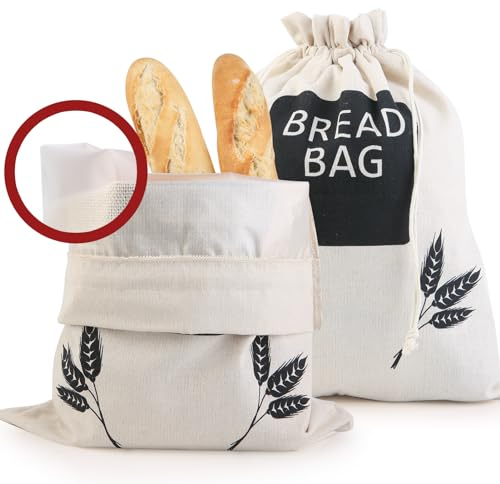 2Pk Linen Reusable Bread Bags for Homemade Bread, TPU Plastic Lining Sourdough Bread Storage, Airtight to Keep Fresh, 43 x 33cm Eco-Friendly fabric Bread Sacks, Bread Container for Loaf, Artisan Bread