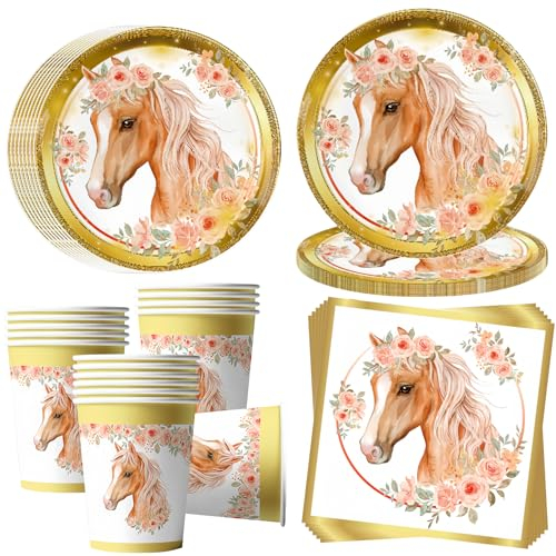 OMZSXK Cheval Vaisselle de fête pour 16 invités,Chevaux Assiettes de fête Vaisselle d'anniversaire,Cheval Assiettes en carton Gobelets Serviettes déco anniversaire