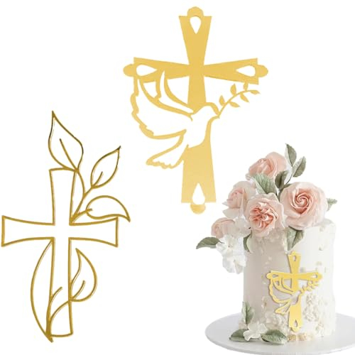 Zeayebsr 2 Stück Kuchen Deko Kreuz Cake Topper Taufe Gold Acryl Torte Deko, Schillernder Spiegeleffekt für Hochzeit, Geburtstag, Weihnachten, Party & mehr, Kreuz und Blätter,tortendeko Kommunion