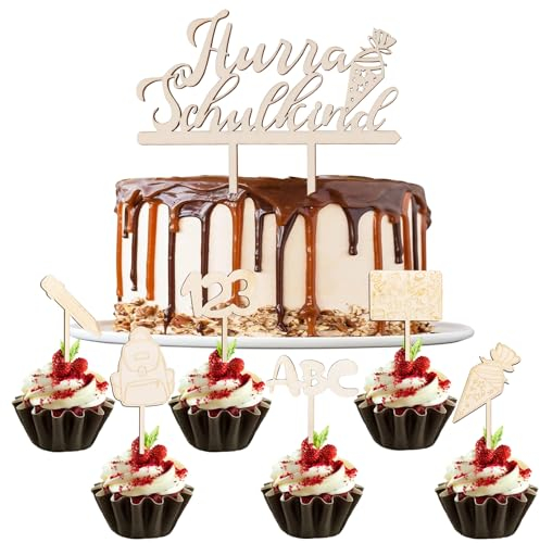 DazzJoy Tortendeko Einschulung Holz, 7 Stück Hurra Schulkind Cake Topper, Schulanfang Deko Einschulung Tortendeko Junge Mädchen, 123 ABC Schulkind 2024 Kuchen Deko, Schuleinführung Party Dekoration