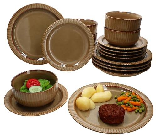 MamboCat Bistro Lot de 18 assiettes I 6 personnes I Service de table de dîner marron avec aspect rétro I 6 assiettes plates, bols à bol et assiettes à gâteau I Faïence