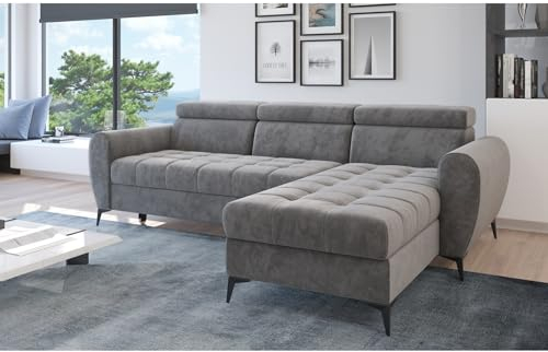Easy4You Ecksofa Bjorn Velvet L-Form Grau – 252x101x175 cm - Schlafsofa mit Bettkasten und Schlaffunktion - Eckcouch mit Stauraum - Verstellbare Kopfstützen – Stoff Monolith 85