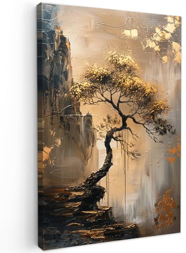 MuchoWow© Leinwand Groß 80x120 cm XXL Deko Schlafzimmer Aesthetic Leinwandbilder Wohnzimmer Gemälde Foto Geschenk Living Room Decoration Kunst - Baum - Gold - Modern