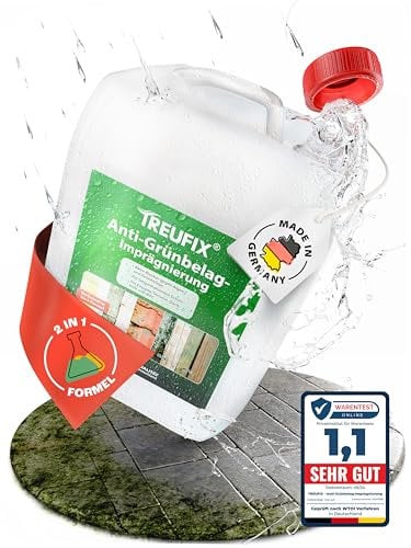 Treufix - Anti-Grünbelag Imprägnierung | Steinimprägnierung [2in1-Formel] 5L für ca. 100 – 150m² zum dauerhaften Schutz vor Algen, Grünbelag, Grünspan, Flechten und Pilzen | Made in DE