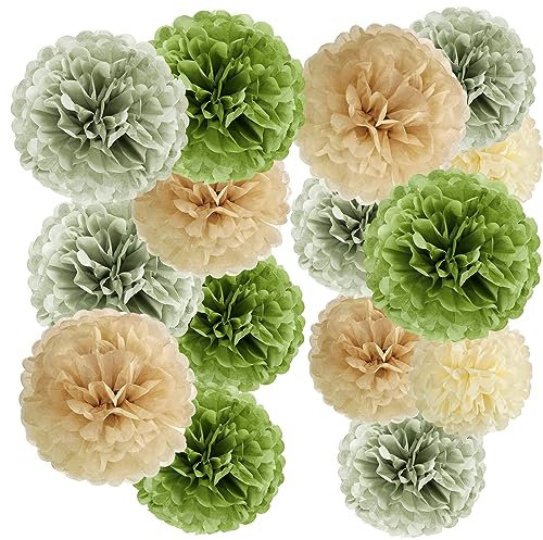 Easy Joy 15 Stück Waldgrün Pompons Party Deko Salbeigrün Gartenparty Deko Dots Papier Girlande Party Dekorationen für Hochzeit Geburtstag Brautdusche Babyparty Abschlussball Deko