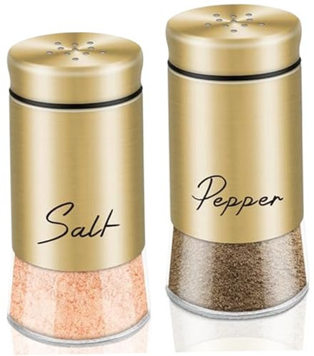 Salt and Pepper Grinder Set, Salt and Pepper Shakers Set 150ml Glass Salt and Pepper Shakers with Stainless Steel Lids Refillable Spice Shaker Accessories for Kitchen,Gold