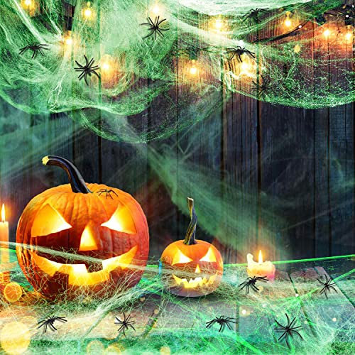 Halloween Deko Spinnennetz Leuchtend,Jusduit Leuchtdeko Spinnennetz 80g mit 40 STK Spinnen,Beleuchtetes Spinnennetz Spinnweben Deko Glow in The Dark für Halloween Party Dekoration Kamin Fenster Türen