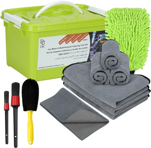 DU Life 12Pcs Car Cleaning Kit with Storage Box, Drying Towels Microfiber Glass Cleaning Cloths Car Wash Mitt Tire Brush Set 10L Bucket Cleaning Kit for Car Bike Wheels, Engine, Emblems, Air Vent