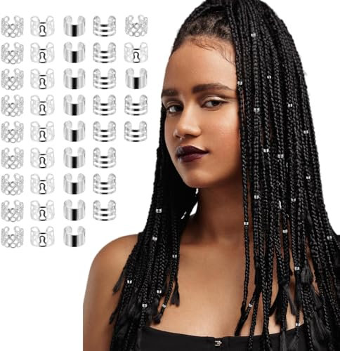 Giantree Lot de 40 bijoux de cheveux en argent pour tresses, dreadlocks et dreadlocks – Manchettes de cheveux, anneaux et pinces à cheveux en métal argenté – Décorations pour homme et femme