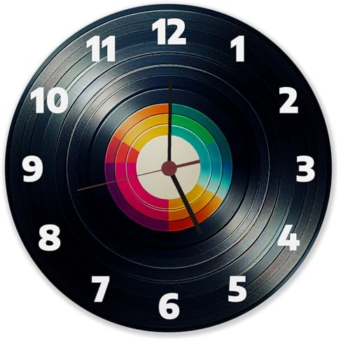 speecheese Schallplatte Wanduhr aus Alu Kreisförmige Wanduhr aus Alu im Design Einer Vinyl Schallplatte Bunt Farbenfroh mit Vinyl-Label Einzigartige Musik Deko