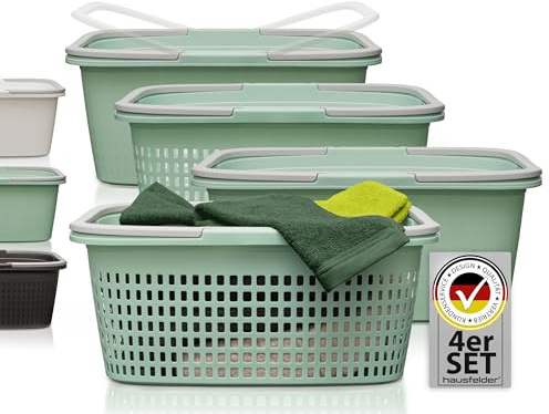 Hausfelder Wäschekorb Kunststoff Set, 4-teilig, 58x37x25cm, Jadegrün | Kunststoff, 4-teilig, 58x37x25cm, BPA-frei, stapelbar, mit Henkel, Wäschekorb, Körbe, Wannen, Jadegrün, wetterfest