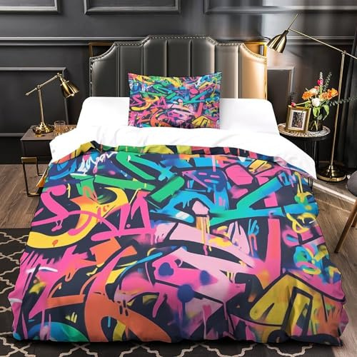 NQHXLRUDC Graffiti 3D Druck Bettwäsche Set Durcheinander und frei Bettwäsche Set Flauschige Kissenbezug 2teilig Mit Reißverschluss Für Teens Single（135x200cm）