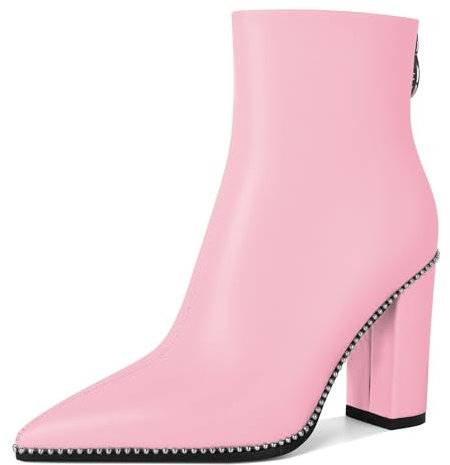 Mettesally Stivali con Tacco Grosso da Donna a Punta Stivaletti con Perline d'Argento Stivali con Tacco a Blocco Cerniera Posteriore Scarpe con Tacco alto 3.7 Pollici Rosa EU40
