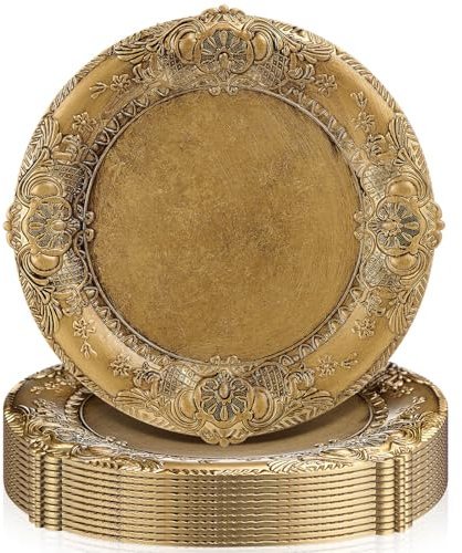 Mifoci Platzteller, antikes Gold, 12 Stück, Kunststoff, Gold-Ladegeräte für Speiseteller, dekorativ, 33 cm, runder Teller mit geprägtem Rand, für Abendessen, Party, Hochzeit