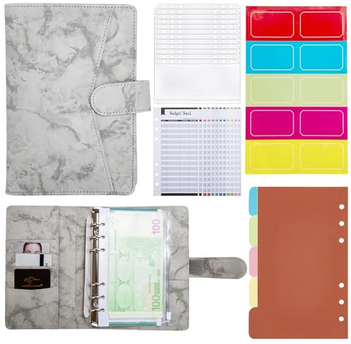 Raccoglitore di Bilancio A6 Binder per Notebook in Pelle PU con 12 Buste a Cerniera, 12 Fogli di Bilancio e Etichetta Adesiva per Viaggiare, Uso quotidiano Grigio