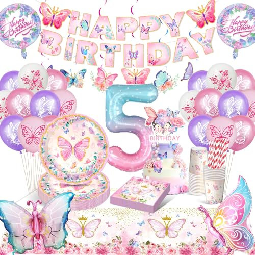 Farfalla decorativa per compleanno, decorazione di compleanno per bambine 5 anni, set di stoviglie per feste, palloncini, piatti di carta, tovaglia per decorazioni di compleanno e ragazze