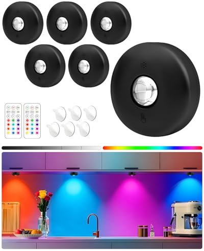 Yiliaw LED-Pucklichter mit Fernbedienung, magnetische AAA-betriebene Leuchten, Unterbauleuchten, Tippleuchten mit Dimmer & Timer für Küche, Schrank, Regal – 6er-Pack, Schwarz