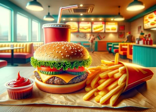 Bullglesup Puzzle für Erwachsene 1000 Teile, Hamburger mit Poster, Teile Passen Perfekt Ineinander Buchstaben Auf der Rückseite Kein Staub, Geschenk für Ältere Senioren (70 x 50cm)