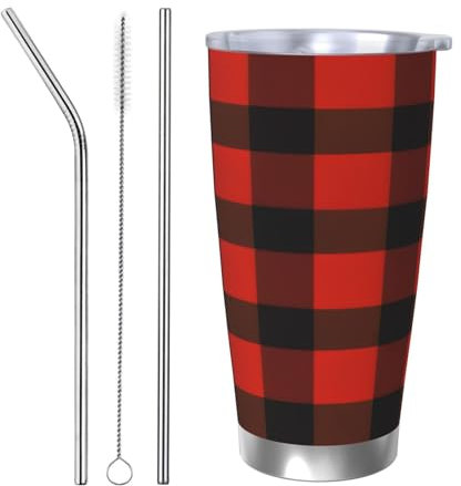 Plaid Red and Black 20oz Stainless Steel Vacuum Insulated Tumbler | Double Wall Travel Mug with Spill-Proof Lid | Perfect for Hot & Cold Drinks | Office, Camping, Household & More