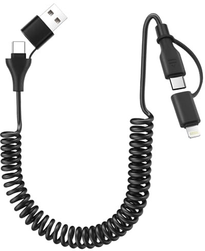 aceyoon 4 en 1 Multi Cable de Carga en Espiral, Multi USB Cargador Cable Múltiples Lighting Tipo C Carga Rápida para iPhone15, Galaxy 23 22, para Huawei Estirar de 0,3 m a 0,8 m (Negro)