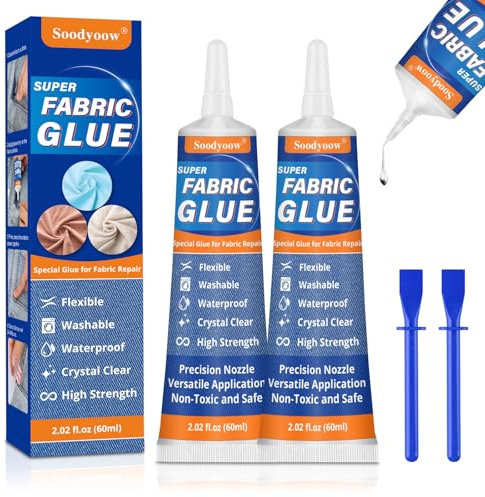 Soodyoow 2PCS Colla Tessuto, 60ML Colla per Tessuti Resistente ai Lavaggi e Impermeabile per Cotone, Flanella, Denim, Poliestere e Riparazione di Bambole
