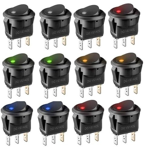 Lot de 12 interrupteurs à bascule ronds lumineux à DEL, 12 V 20 A, interrupteur à bascule marche/arrêt pour voiture, bateau, camping-car, lumière de tableau de bord, interrupteur à bascule CC 5
