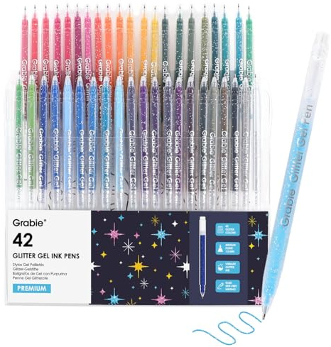 Grabie 42 Colour Glitter Gel Pens, 1.0 mm Fine Tip Art Pens | Brilliant Glitter Effects, Consistent Ink Flow, Comfortable Grip, Creative Lettering, Smooth Writing, Ideal For Colouring