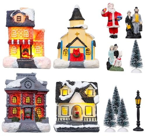 Fizzyo Weihnachtsdorf mit Beleuchtung, 12 Stück Miniatur-Häuser und Figuren Set für Weihnachtsdekoration, Sammlung von Häusern für Tischdekoration, Festliche Innendekoration für Kaminsims Zuhause