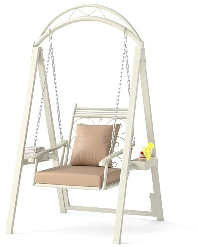COSTWAY Balancelle de Jardin avec Toit Arqué & Motif Feuilles, Balancelle Jardin Extérieur en Métal avec Coussins Amovibles & Tables Latérales, Hauteur Réglable, Charge 160kg pour Balcon Cour (Blanc)